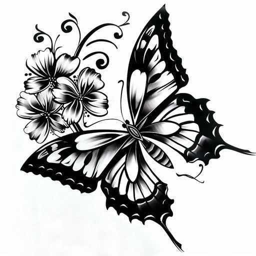 Butterfly with tribal flowers, intricate tattoo design