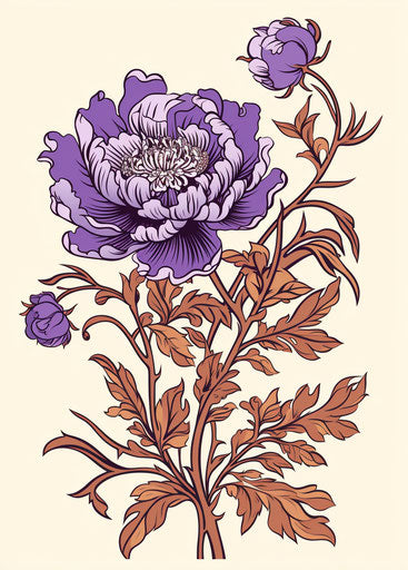 Bright purple peony flower with leaves and doodle