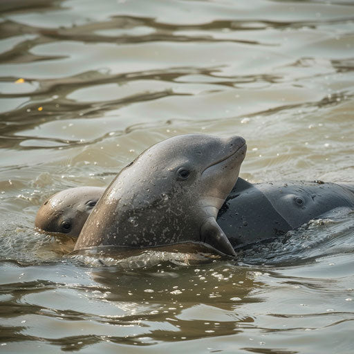 Mother porpoise teaching calf to navigate Yangtze River