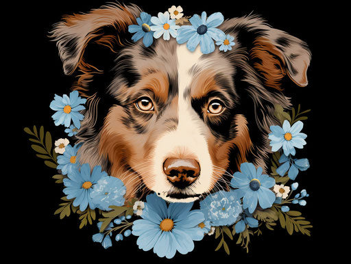 Australian Shepherd Dog with Blue Eyes and a Flower on Its Head
