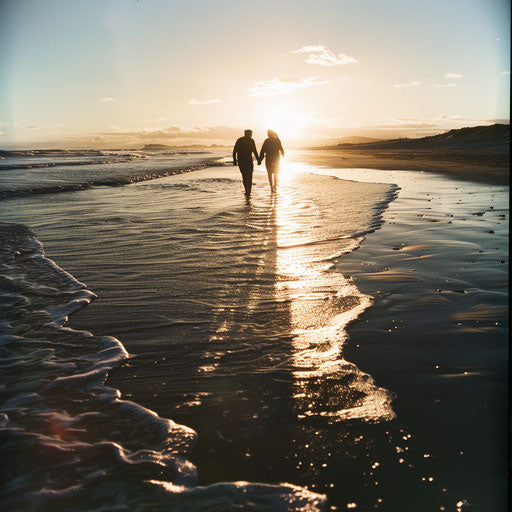 Couple's shadows holding hands on the beach at sunset