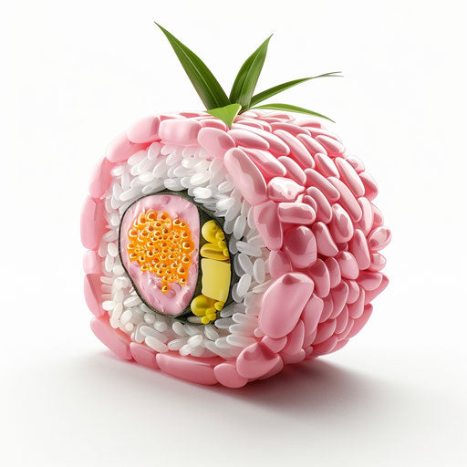 Pink sushi roll with yellow fish eggs and green bamboo leaves