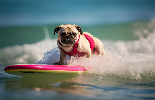 The pug in surf gear and on surfboard
