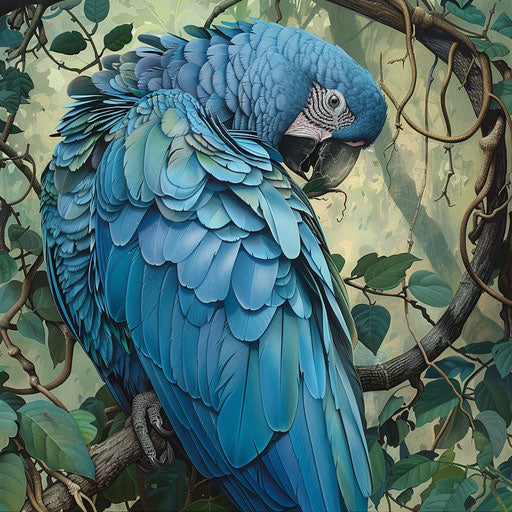 Spix's macaw grooming on vine-covered branch
