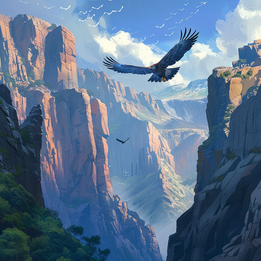 Solitary eagle soaring above a rugged canyon
