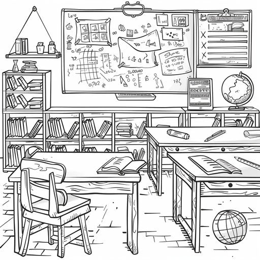 Classroom scene with math formulas on chalkboard