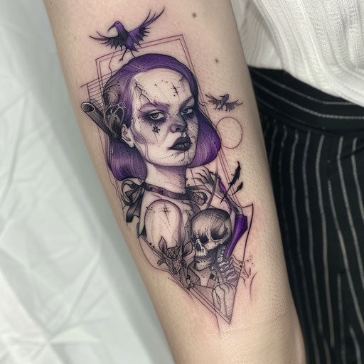 Creepy lilac tattoo with spooky purple shades, illustrated on white background