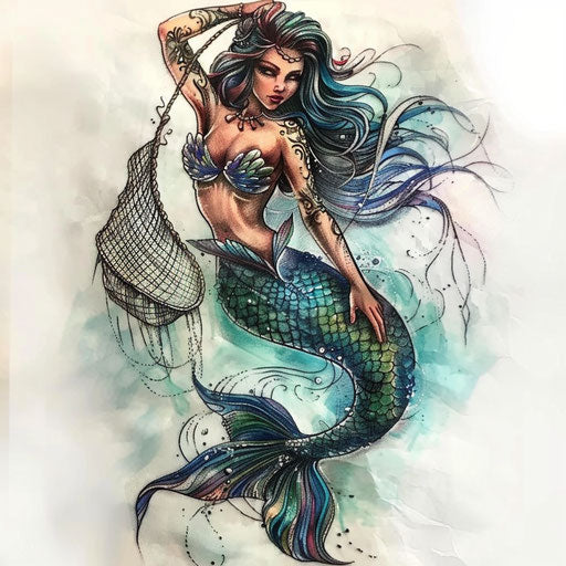 Fantasy tattoo illustration of a mermaid with a fishing net on white background