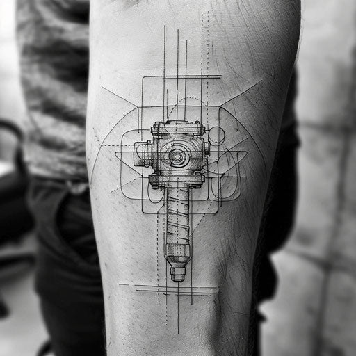 Contemporary flat tattoo sketch of a piston in minimalist black and white graphic style
