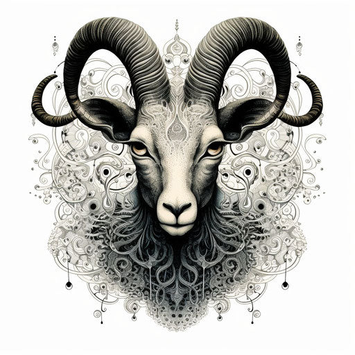 Goat with bird in horn, repetitive dotwork style
