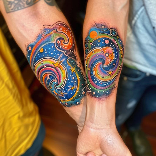 Matching twin tattoos in the style of Guy Aitchison