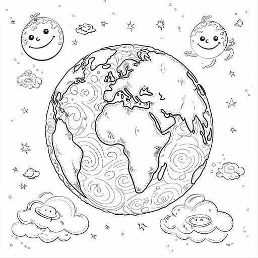 Kid-friendly Earth with smiling faces and friendly clouds