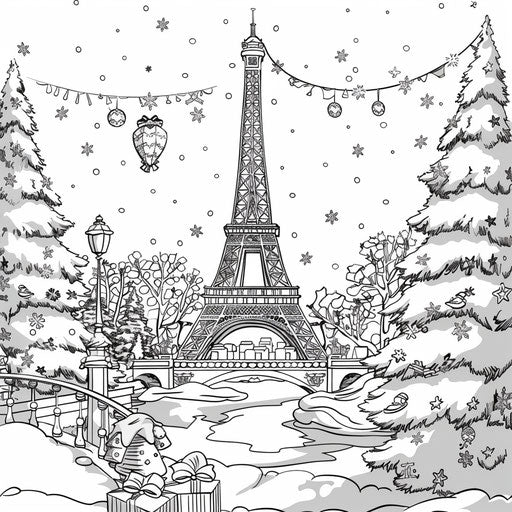 Eiffel Tower in winter with snow and holiday decorations