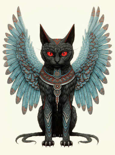Black cat with wings on white background, ancient Egypt style