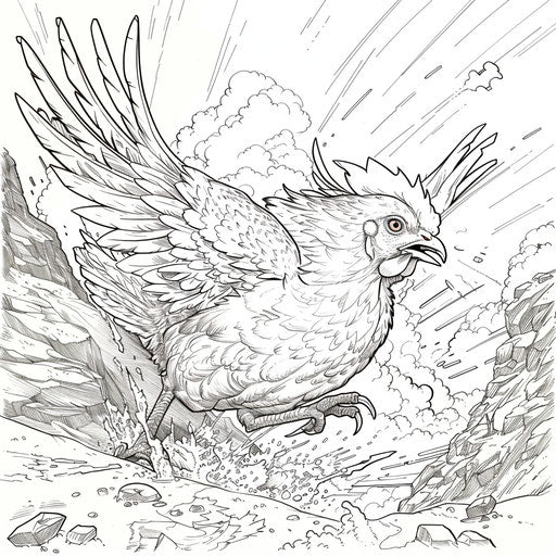 A dramatic chicken in an action scene in the style of a Mark Schultz coloring book