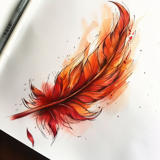 Sketch of a phoenix feather tattoo, ablaze with fiery red and orange hues, on white background.