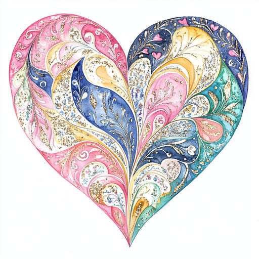 Whimsical heart with intricate patterns and glittering elements