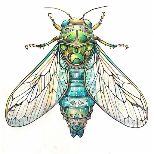 Harmony tattoo sketch of a cicada with soft blues and greens in a serene clipart style