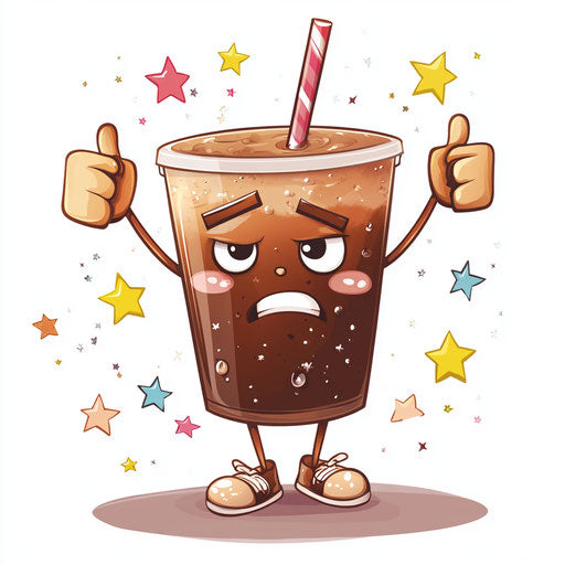 Humorous caricature of an iced coffee clipart with human characteristics, exaggerated raised eyebrows, big feet, surrounded by stars, vibrant colors, cartoon style, thumbs down, high resolution, no background, isolated