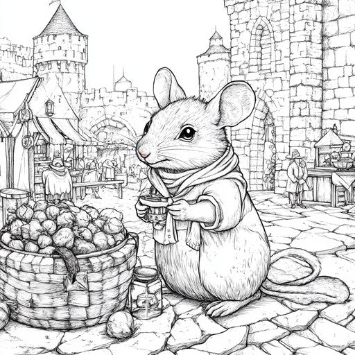 Mouse at medieval fair, Stephen Wiltshire style, coloring page
