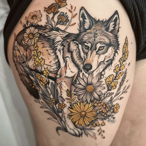 Wildflower tattoo with wolf, earthy tones, dynamic pose, nature scene