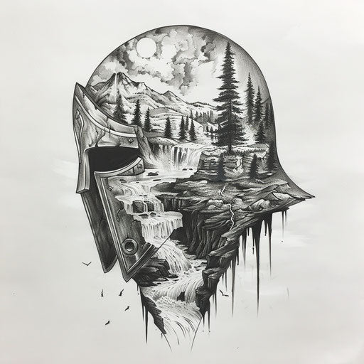 Serene spartan helmet tattoo sketch with tranquil landscapes and flowing rivers