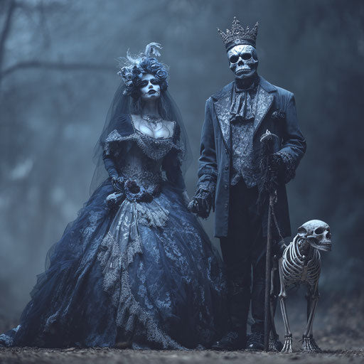 A couple in Corpse Bride cosplay in a dark forest