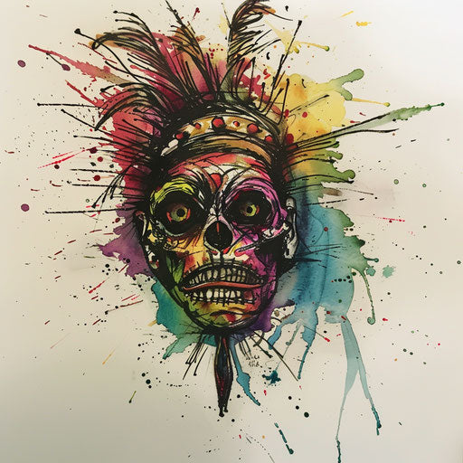 Artistic flat tattoo sketch of a shrunken head with watercolor splashes