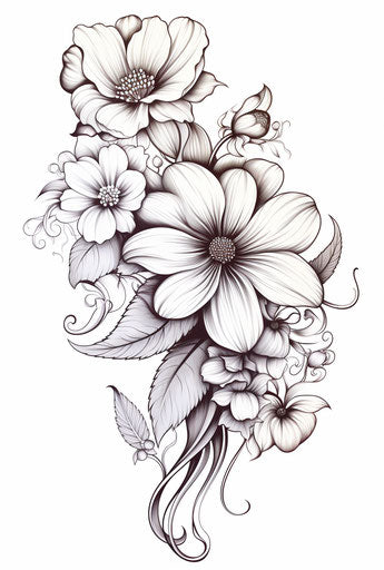 Ornamental black and white ink flower drawing