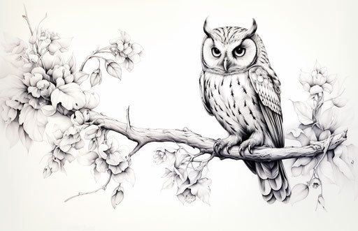 Adorable owl on a branch, coloring page