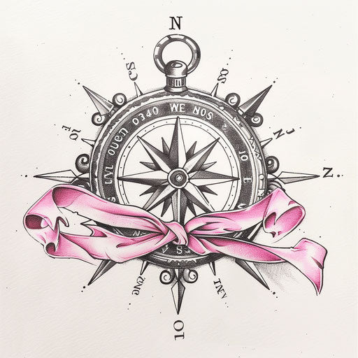 Compass tattoo with pink ribbon on white canvas