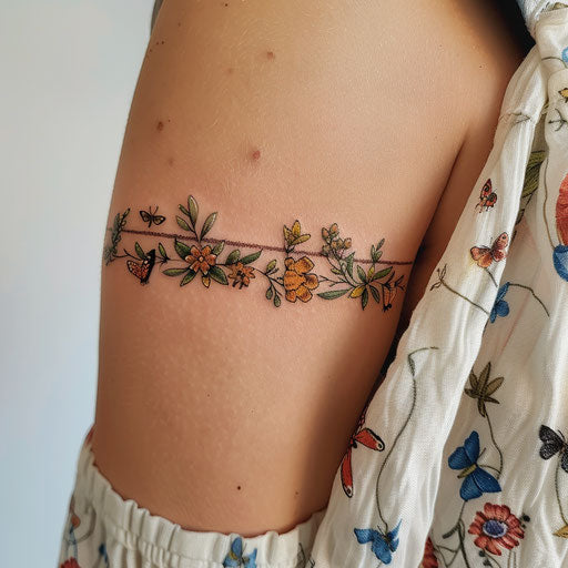 Nature armband tattoo with butterflies on upper arm