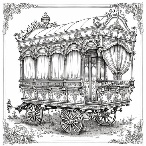 A detailed illustration of a circus wagon with ornate designs. Coloring book page
