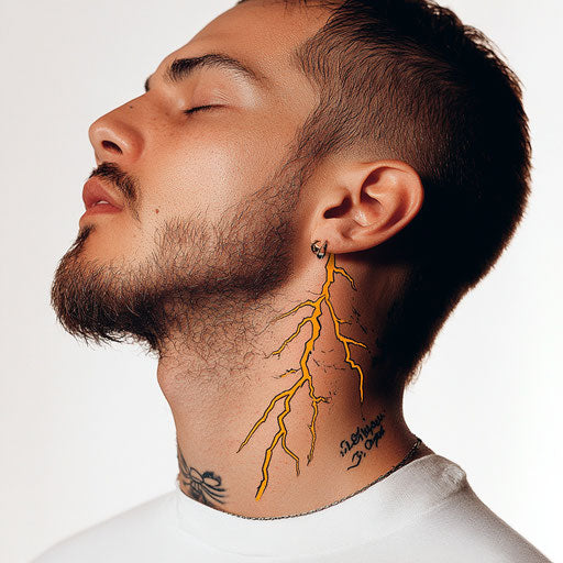 Minimalist neck tattoo with yellow thunderbolt on white