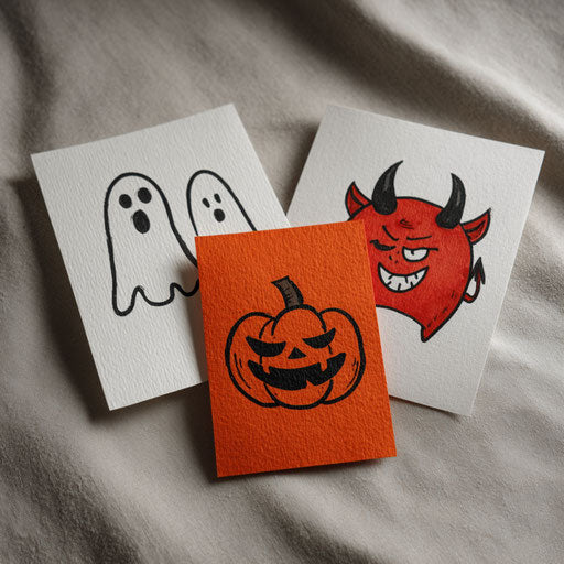 Three Drawings on White Papers: Ghosts and Pumpkin