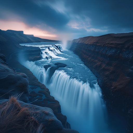 Gullfoss Falls, Iceland, at dusk with soft, ethereal lighting