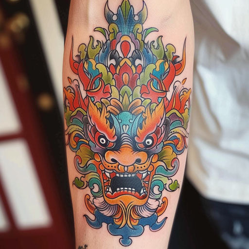Abstract foo dog tattoo, vibrant colors and surreal shapes on white background
