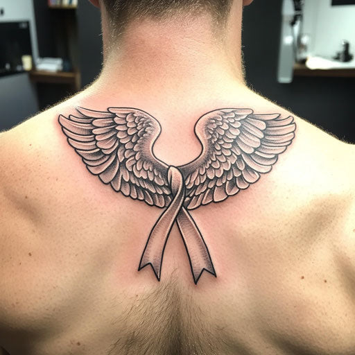Cancer tattoo with a ribbon and angel wings on the collarbone in the style of Peter Jackson