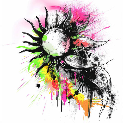 Dynamic tattoo sketch of a rising sun with splashes of neon green and pink in a clipart style