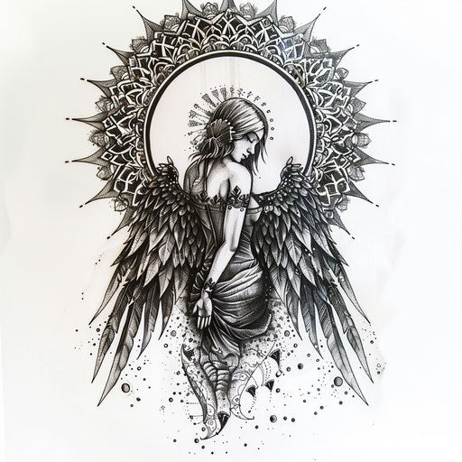 Guardian angel tattoo surrounded by mandala, protection journey