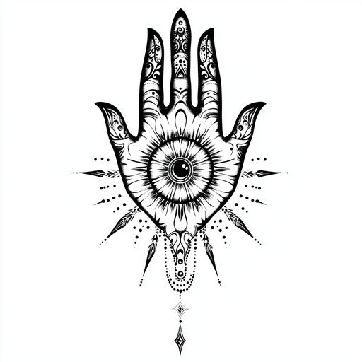 Hand tattoo mandala with rays extending on white background
