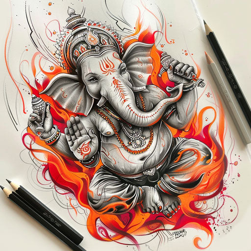 Edgy tattoo sketch of Ganesha, clipart style with fiery red and orange, explosive design