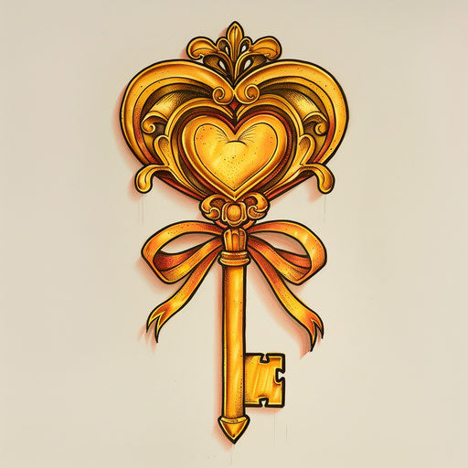 Flat tattoo sketch of a golden key with a heart-shaped bow