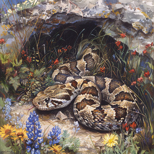 Rattlesnake by burrow with wildflowers