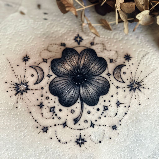 Bold line art tattoo sketch of a black clover surrounded by stars and moons