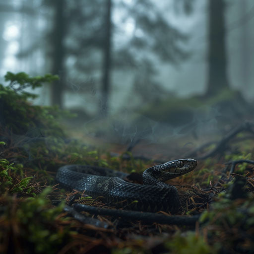 Ribbon snake weaving through a misty forest