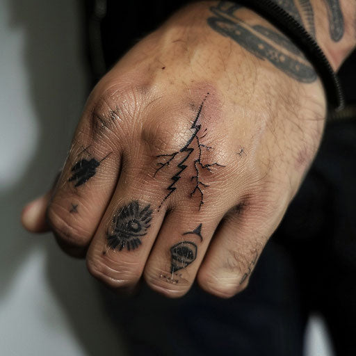 Simple tattoo of a lightning bolt, Peter Jackson style, on finger