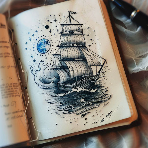 Old school tattoo of a ship under a starry moon