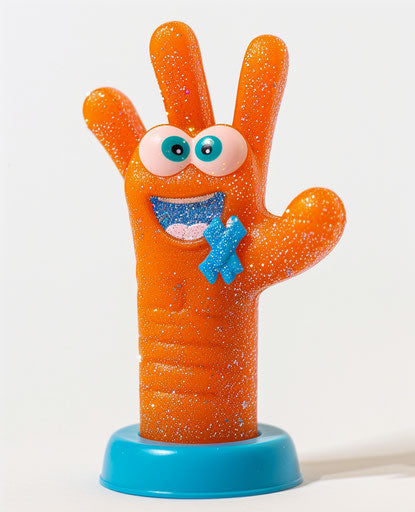 Orange hand figurine with blue bandaid and smiling eyes