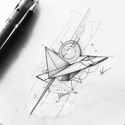 Minimalist black and white tattoo sketch of a paper airplane with geometric patterns